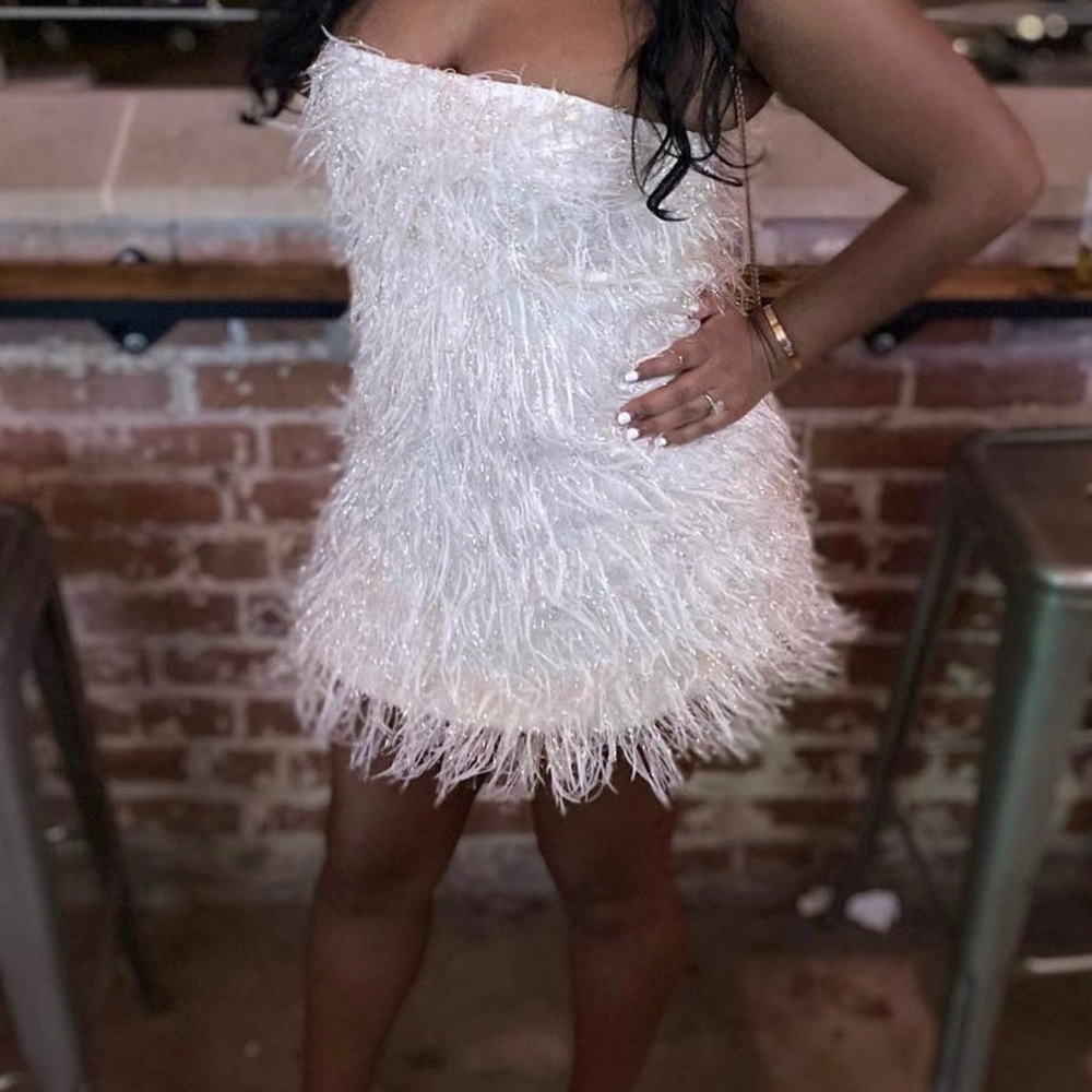 Jay Godfrey metallic white feather dress